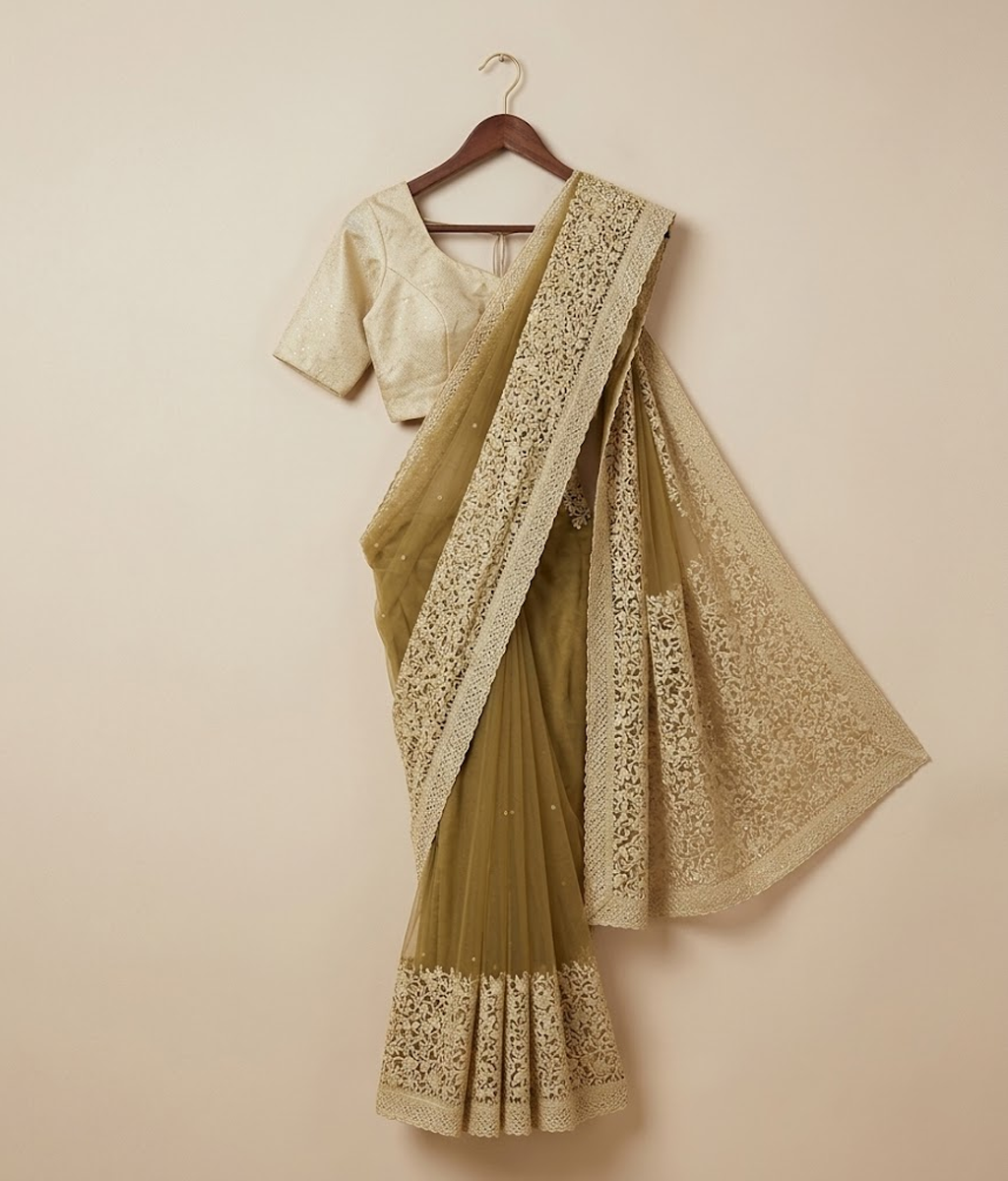Mustard Embroidered Jaal Net Saree