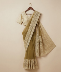 Mustard Embroidered Jaal Net Saree