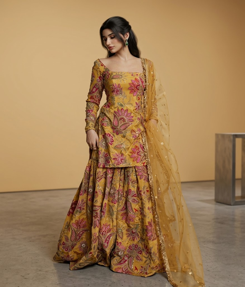 Mustard Floral Digital Gharara