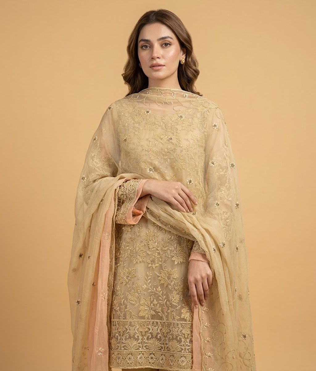 Mustard Green Chiffon 2 Piece Shirt and Dupatta