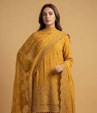 Mustard Lattice Jaal Chiffon 2 Piece