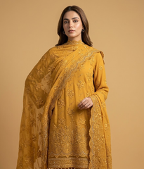 Mustard Lattice Jaal Chiffon 2 Piece