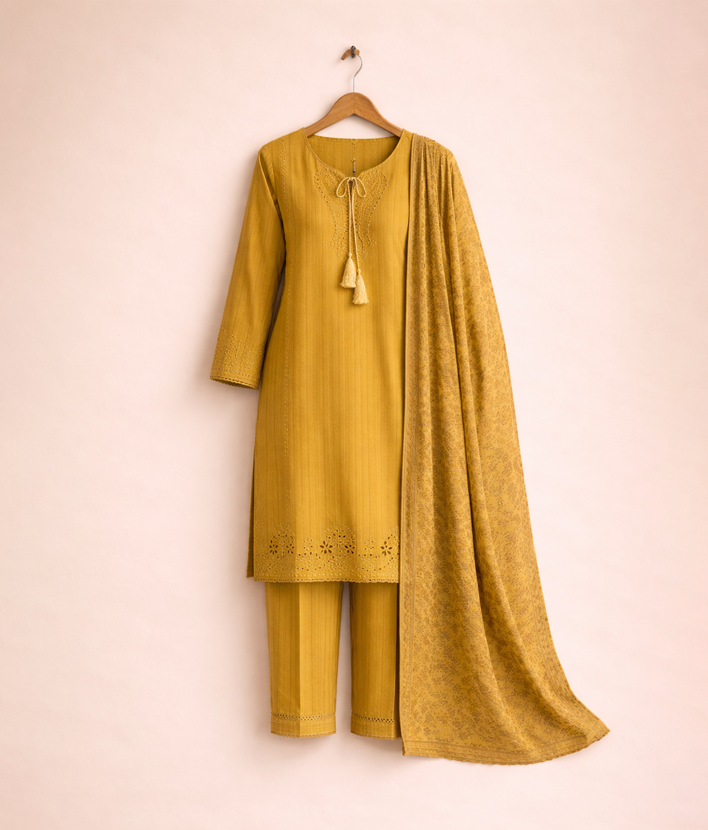 Mustard Yellow Embroidered Cotton Lawn 3 Piece Suit