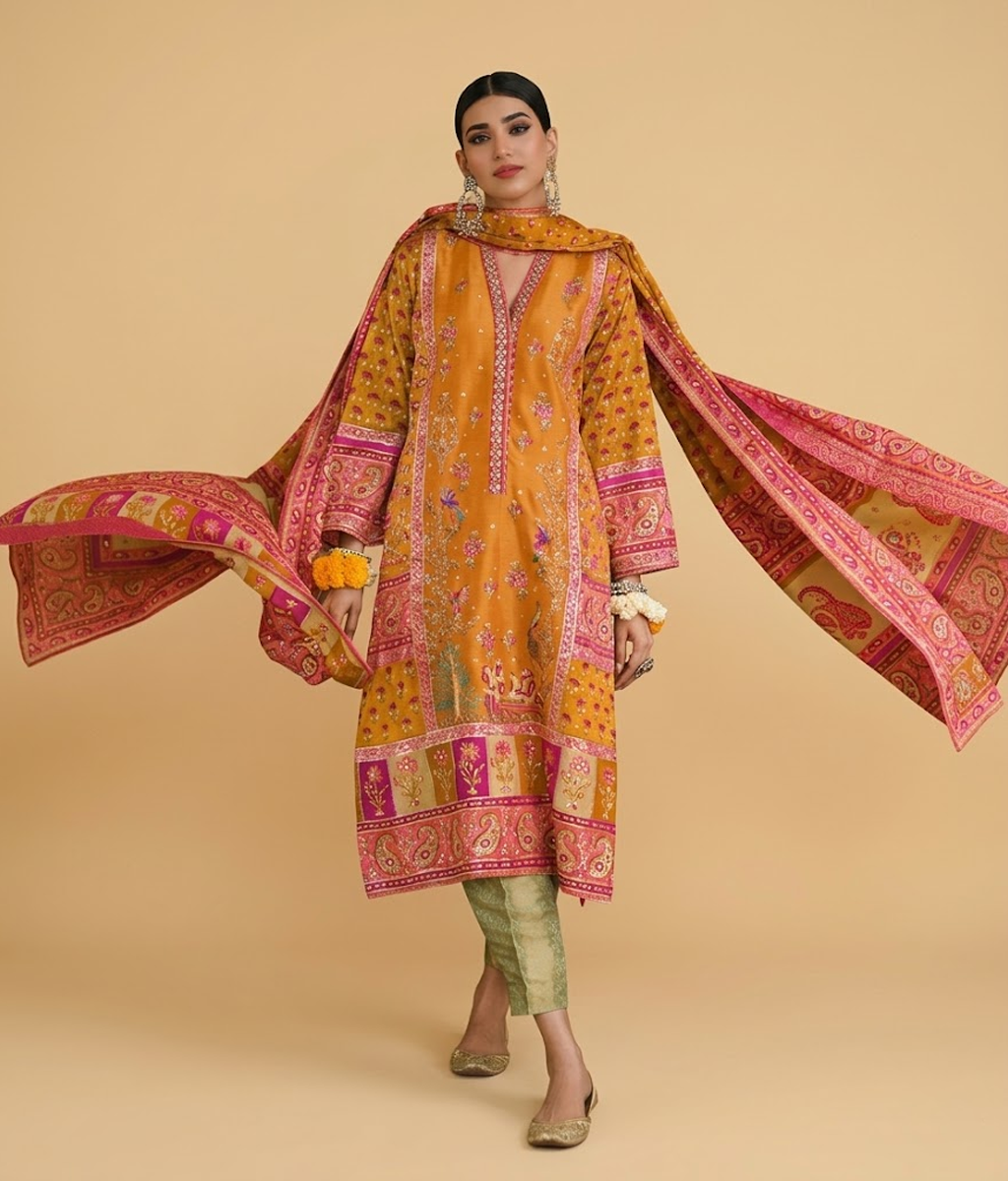 Mustard Yellow Patola Print & Sequins Embroidered Suit