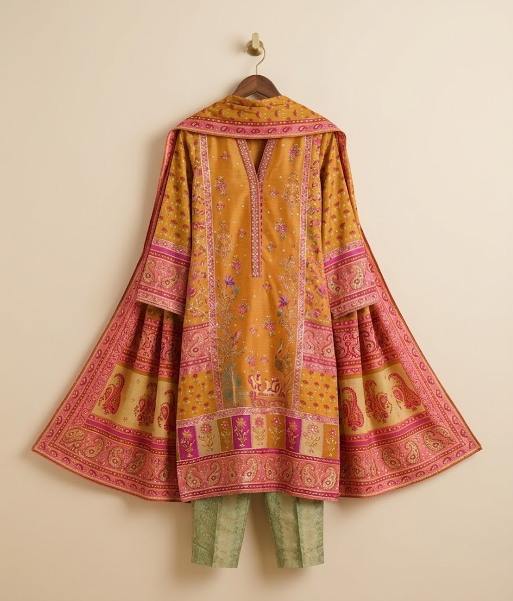 Mustard Yellow Patola Print & Sequins Embroidered Suit