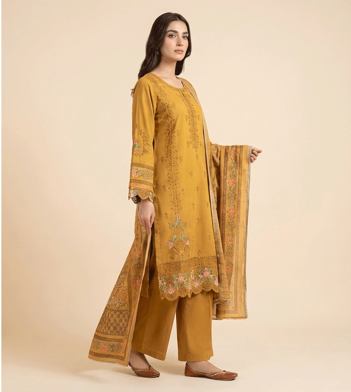 Mustard cotton 3 piece with embroidered border and sleeves