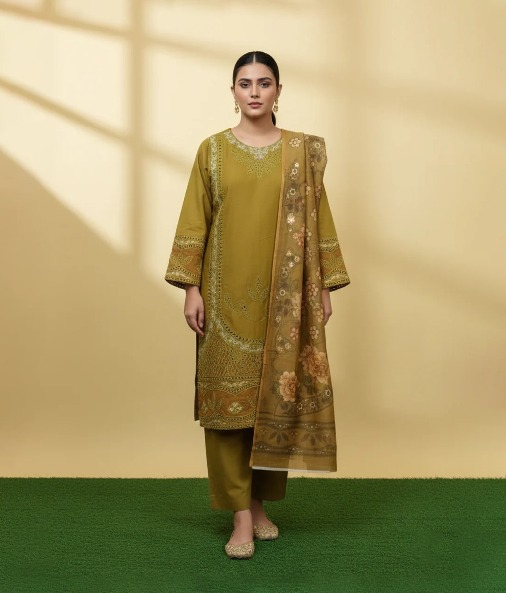 Mustard cotton 3 piece with minimal embroidery work