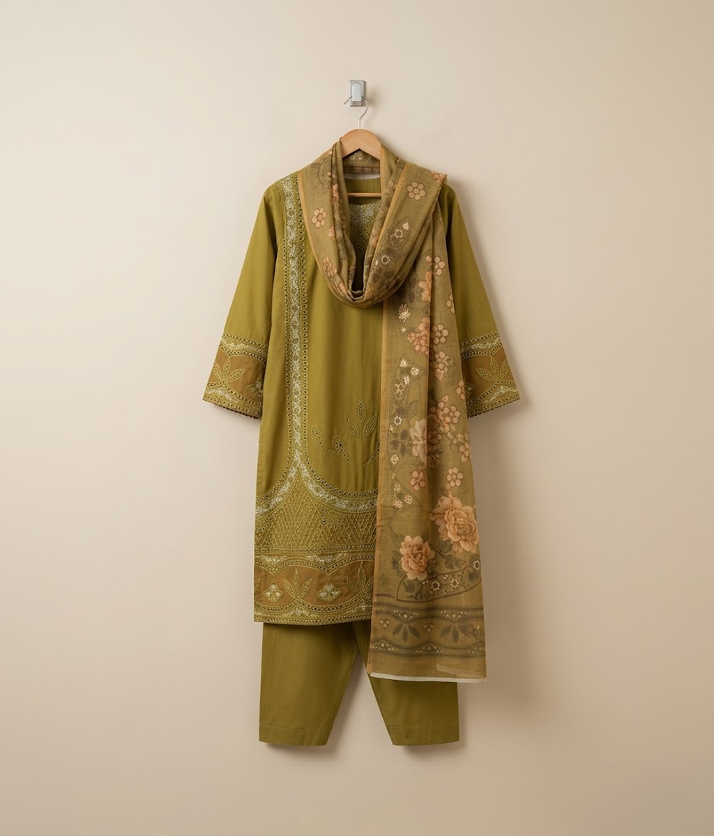 Mustard cotton 3 piece with minimal embroidery work