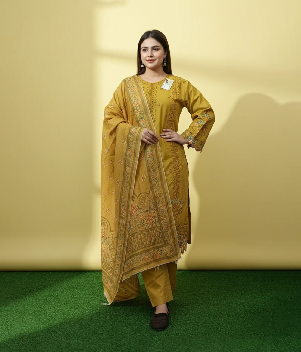 Mustard cotton embroidered long shirt with trouser and dupatta