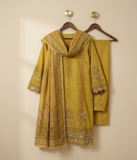 Mustard cotton embroidered long shirt with trouser and dupatta