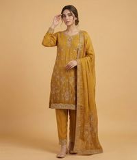Raw Silk 3 Piece Suit Heavy Dabka Work with Dupatta and Plain Trousers