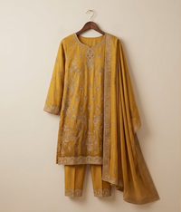 Raw Silk 3 Piece Suit Heavy Dabka Work with Dupatta and Plain Trousers