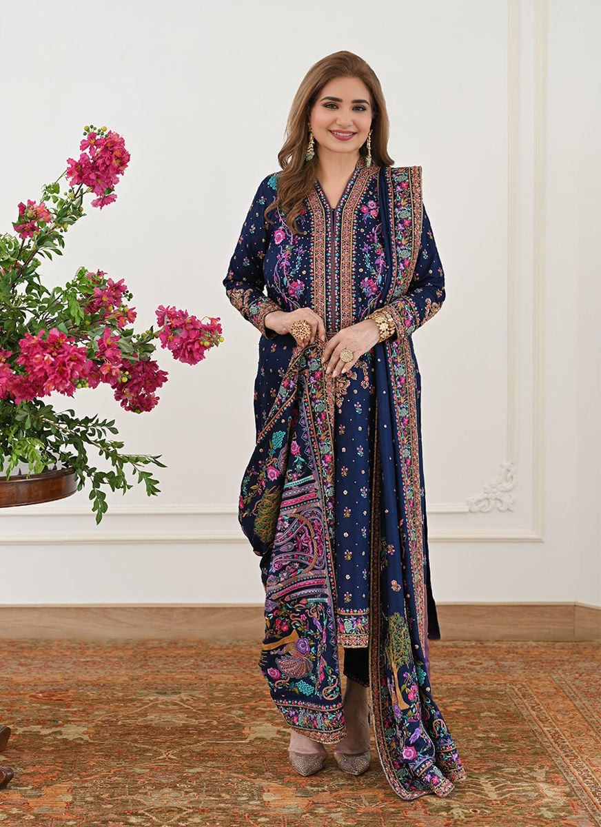 Navy Blue Floral Kashmiri Resham Work Straight Suit