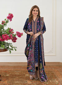 Navy Blue Floral Kashmiri Resham Work Straight Suit