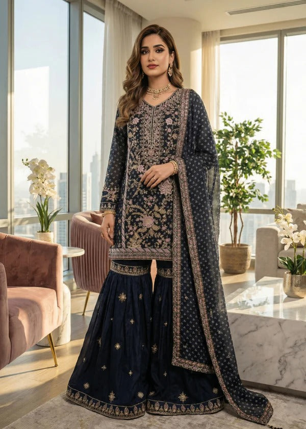 Navy Blue Floral Resham & Zari Work Gharara