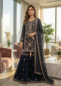 Navy Blue Floral Resham & Zari Work Gharara