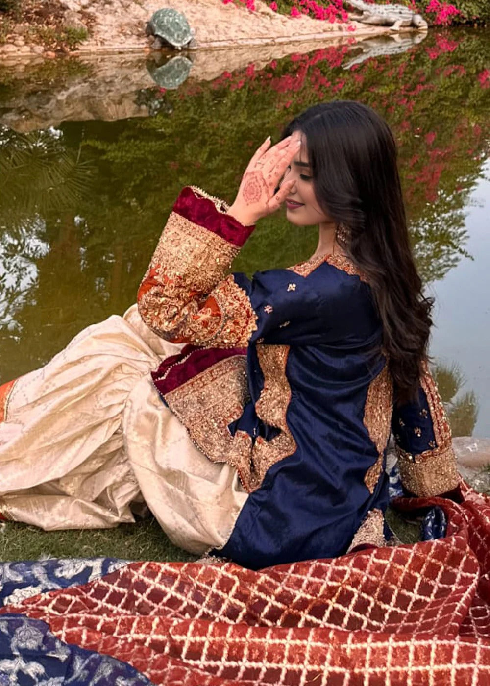 Navy Blue and Offwhite Dabka & Kora Gharara