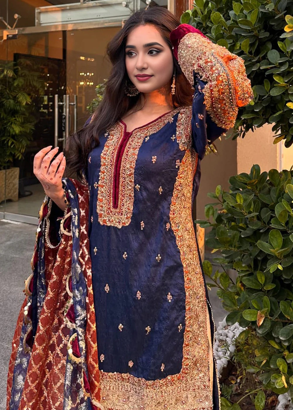 Navy Blue and Offwhite Dabka & Kora Gharara