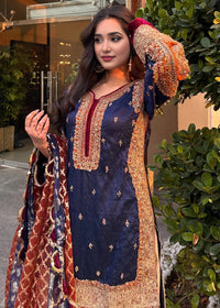 Navy Blue and Offwhite Dabka & Kora Gharara