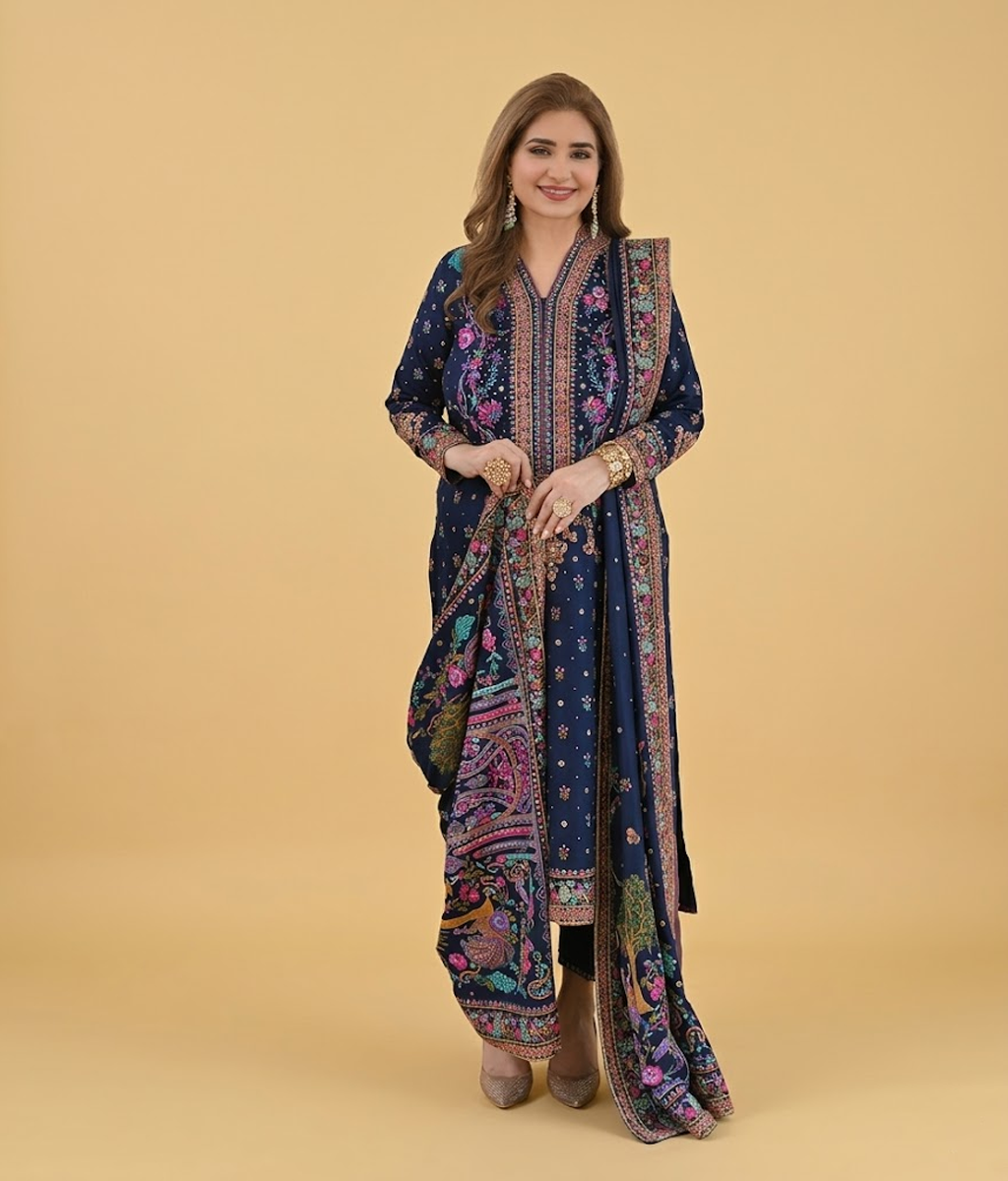 Navy Blue Floral Kashmiri Resham Work Straight Suit