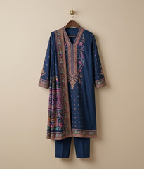 Navy Blue Floral Kashmiri Resham Work Straight Suit