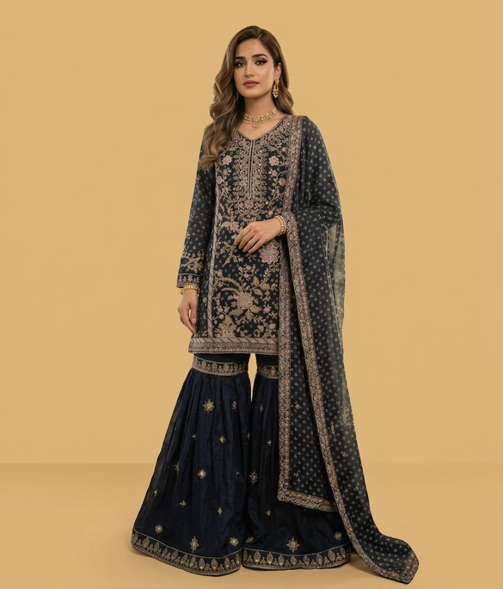 Navy Blue Floral Resham & Zari Work Gharara