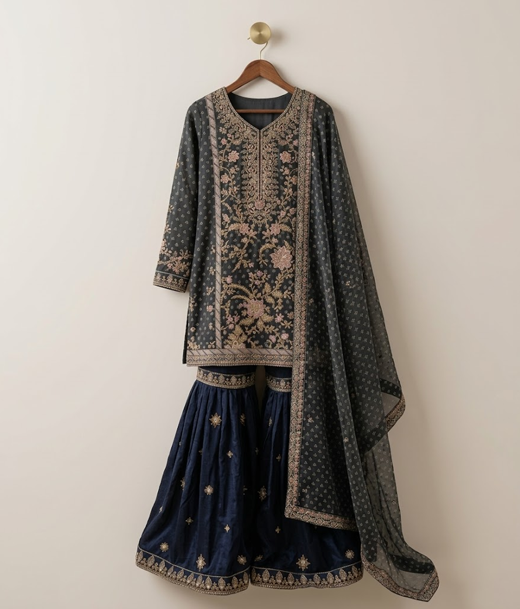 Navy Blue Floral Resham & Zari Work Gharara