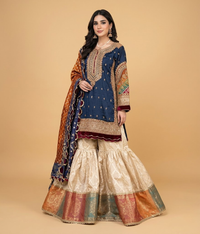 Navy Blue and Offwhite Dabka & Kora Gharara