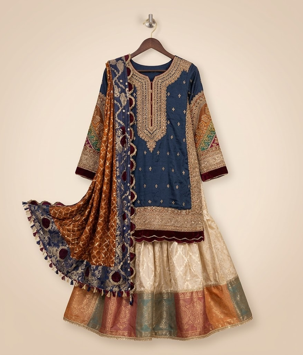 Navy Blue and Offwhite Dabka & Kora Gharara