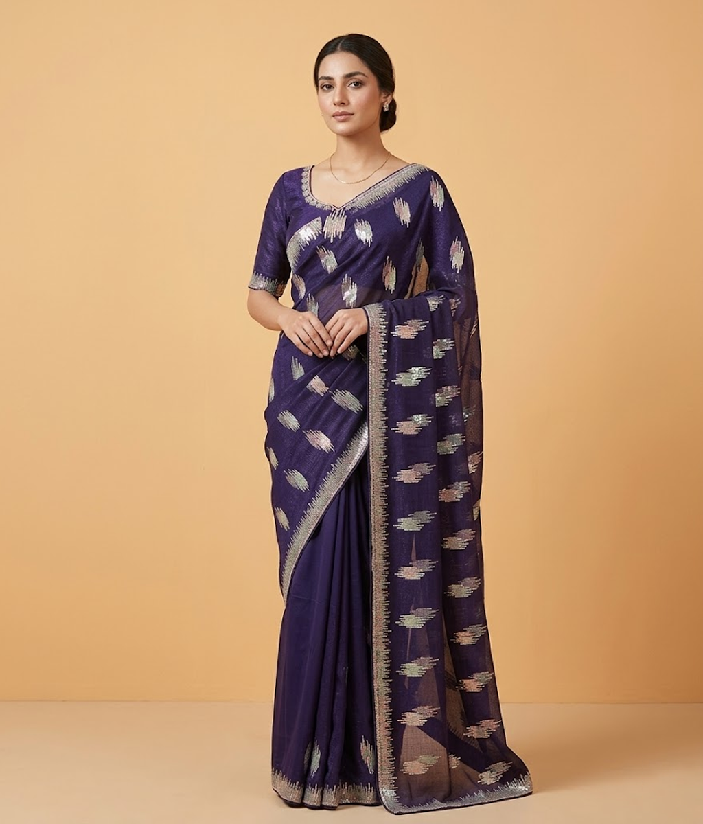 Navy Geometric Sequin Patterns Crinkle Chiffon