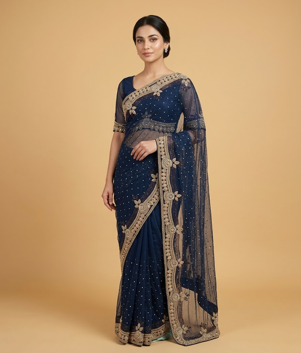 Navy Zardozi Tissue Silk Saree