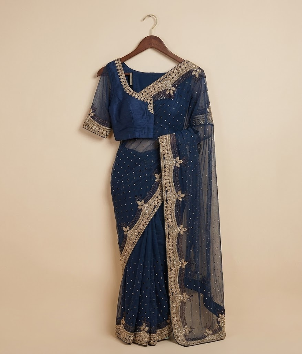Navy Zardozi Tissue Silk Saree