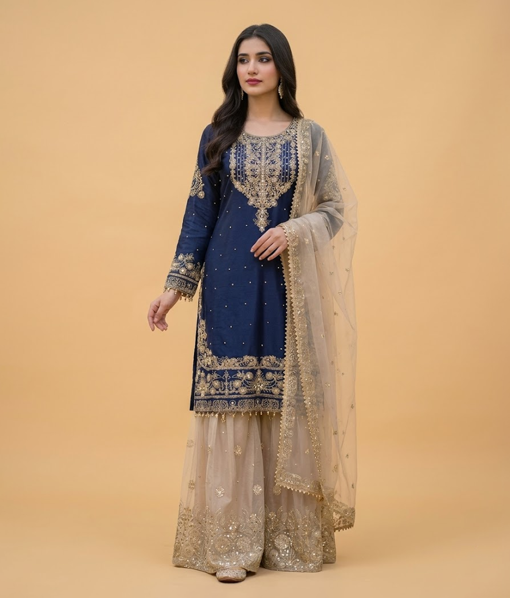 Navy Zari Work Gharara