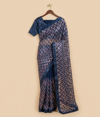 Navy Zig-Zag Dual Tone Patterned Net Saree with Silk Blouse