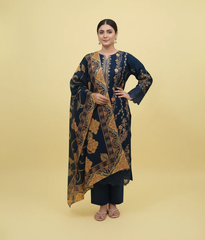 Navy blue cotton embroidered 3 piece suit