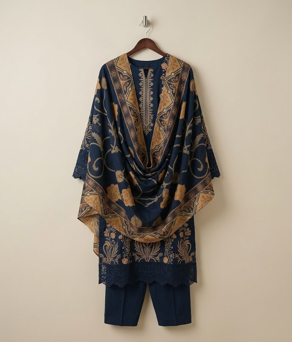 Navy blue cotton embroidered 3 piece suit