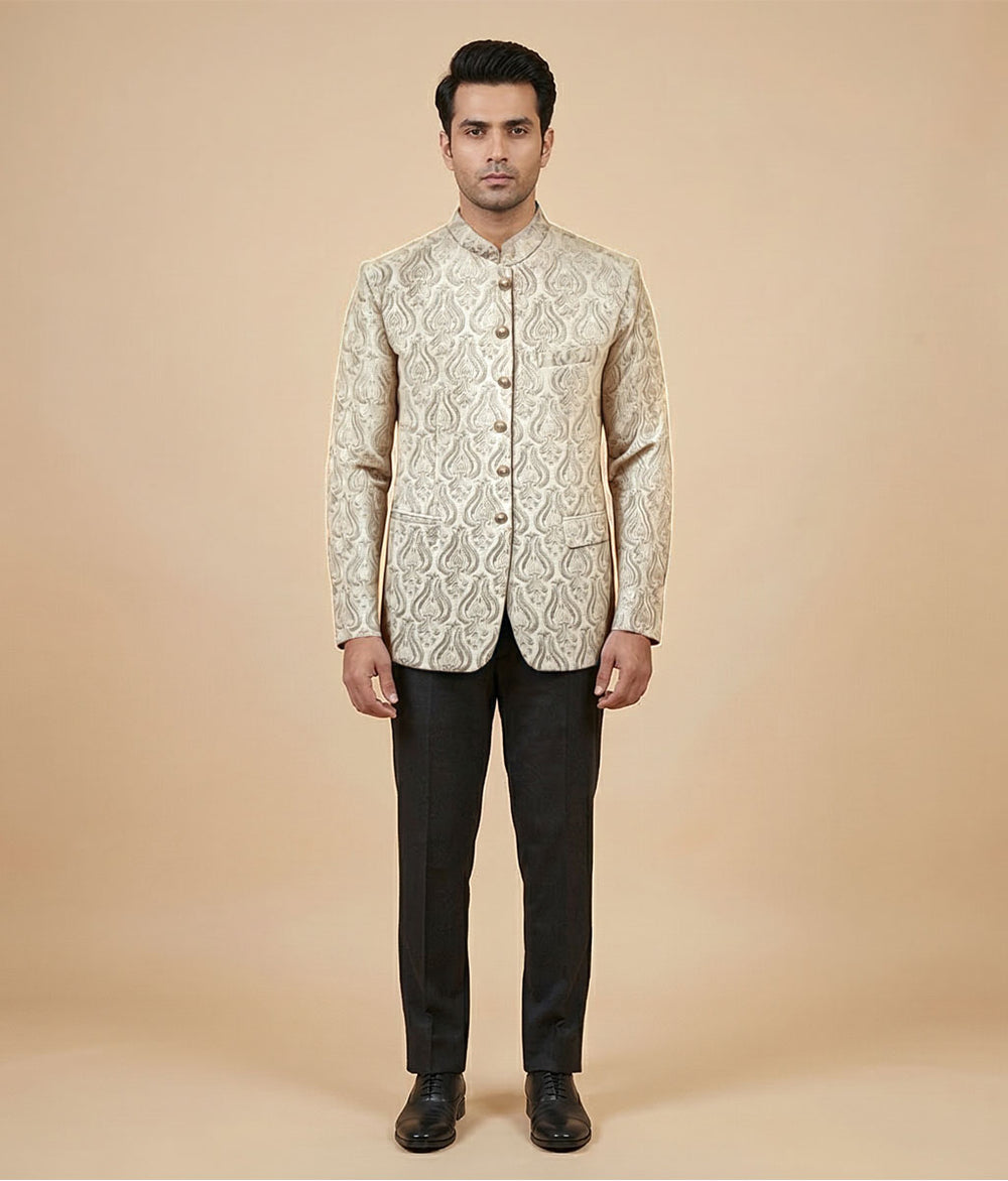 Offwhite Plain Embroidered Raw Silk Prince Coat