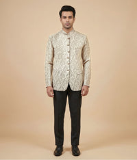 Offwhite Plain Embroidered Raw Silk Prince Coat