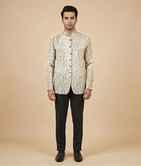 Offwhite Plain Embroidered Raw Silk Prince Coat