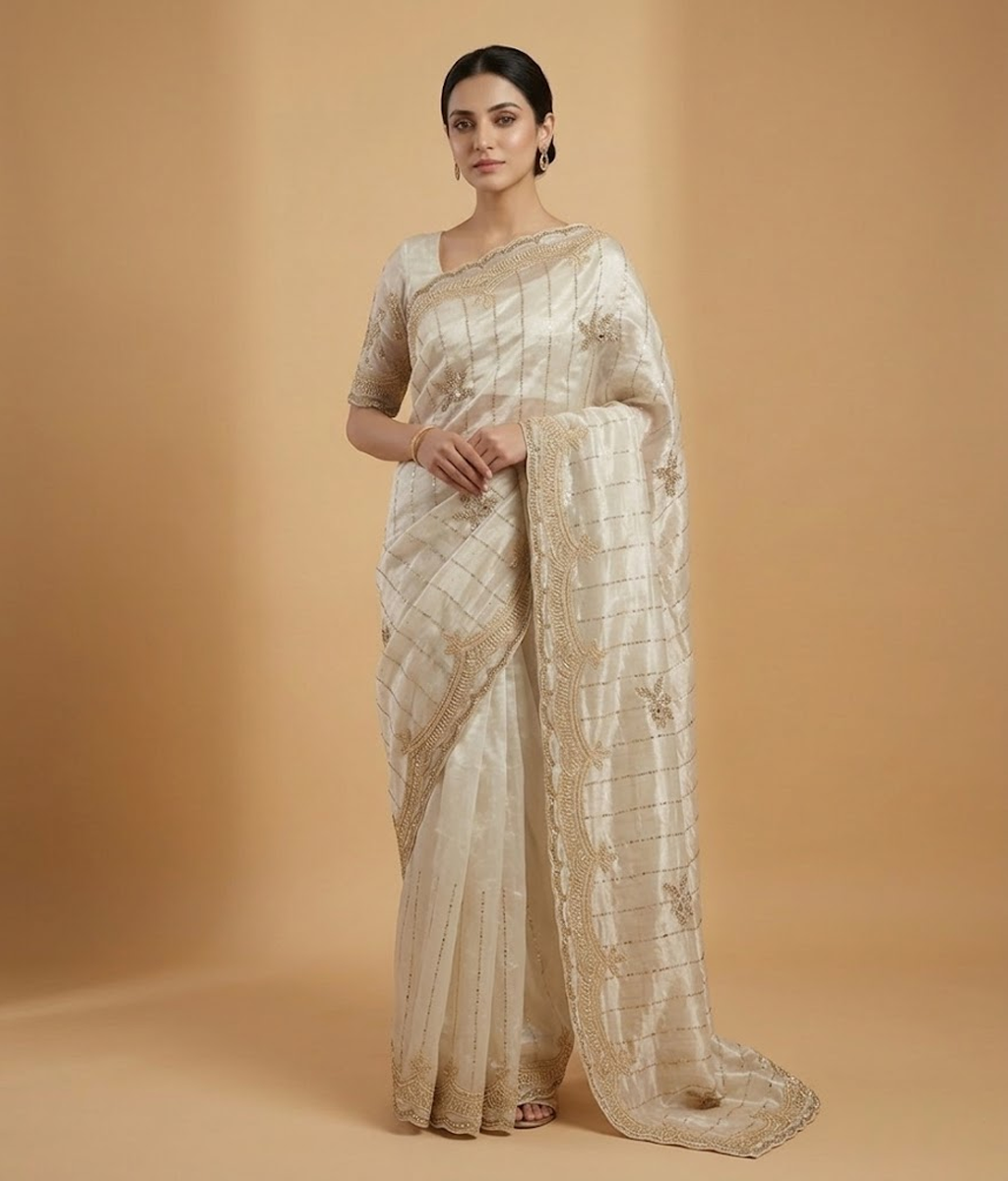 Offwhite and Gold Dust Tissue Silk Saree