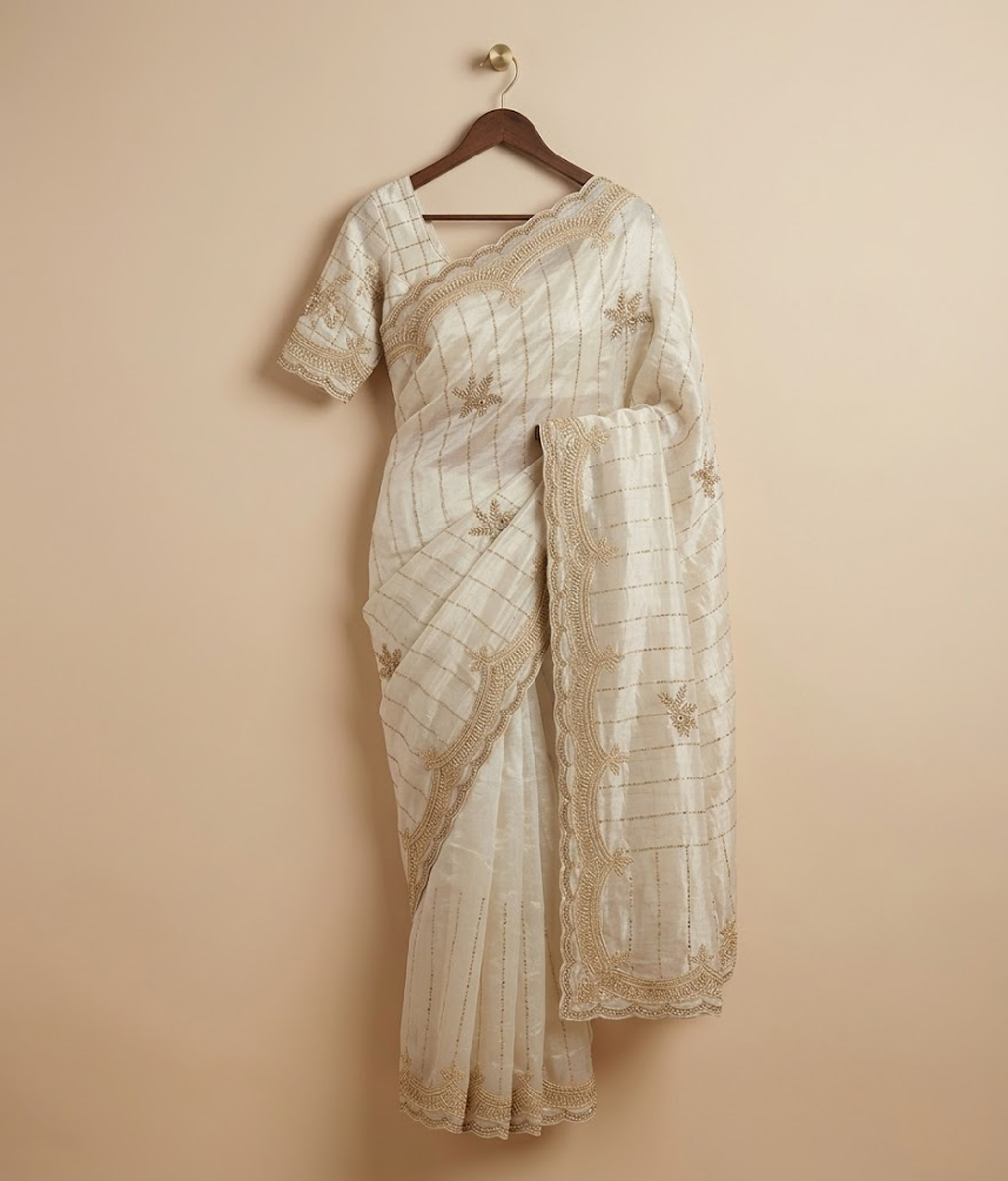 Offwhite and Gold Dust Tissue Silk Saree