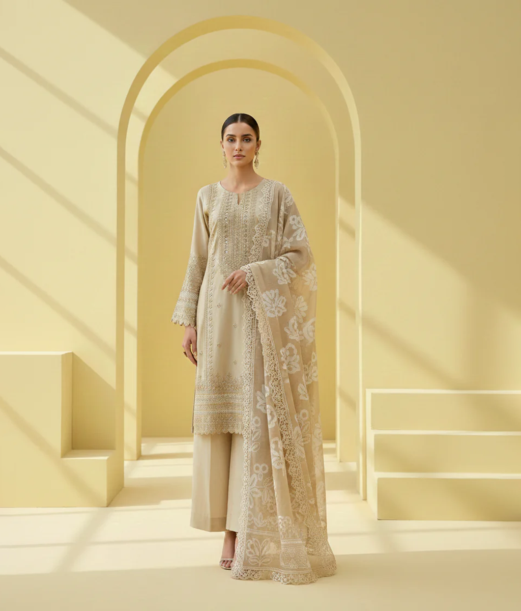 Offwhite embroidered cotton 3 piece suit