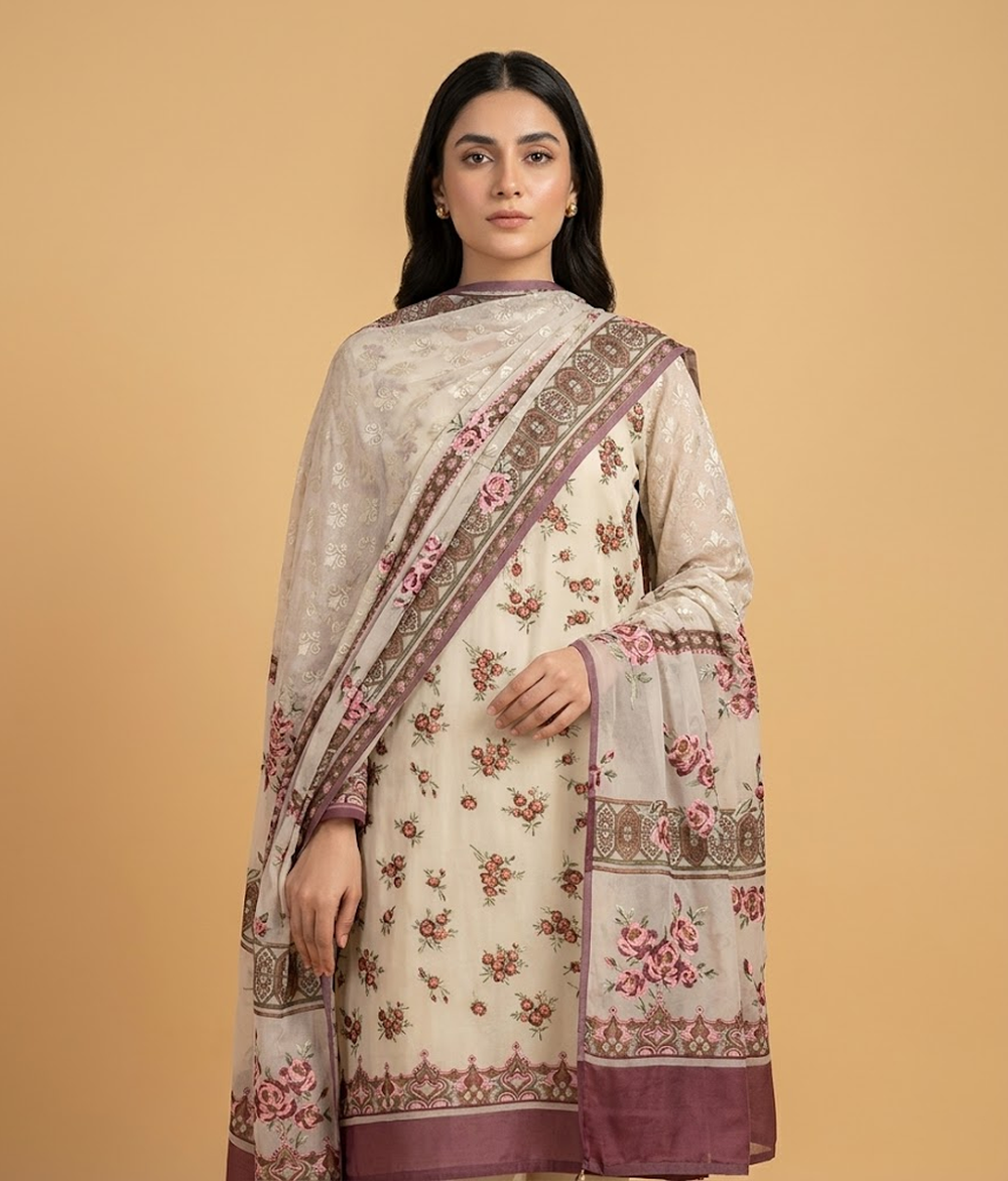Offwhite floral Palachi 2 Piece Shirt and Dupatta