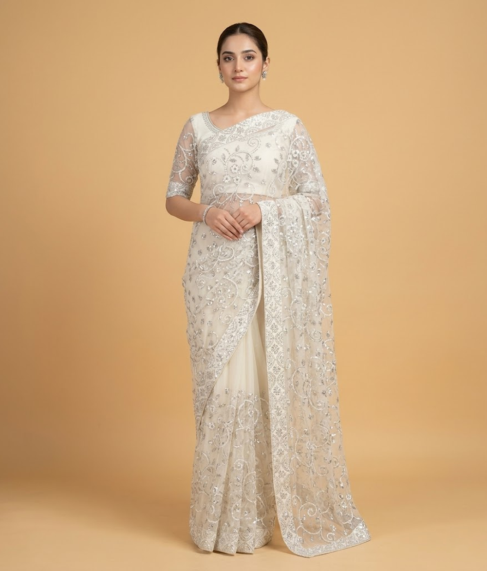 Offwhite sequin net saree
