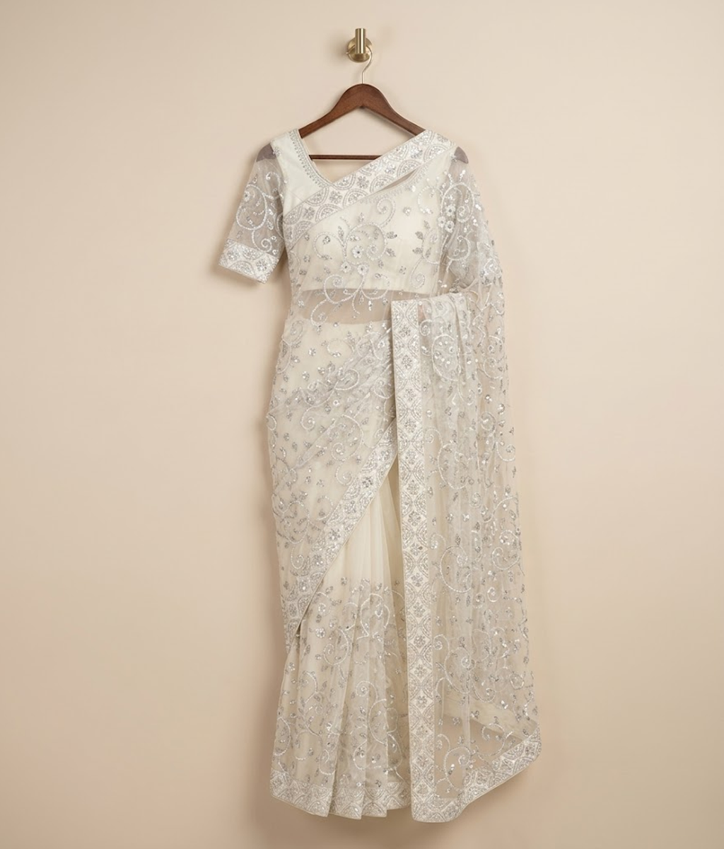 Offwhite sequin net saree