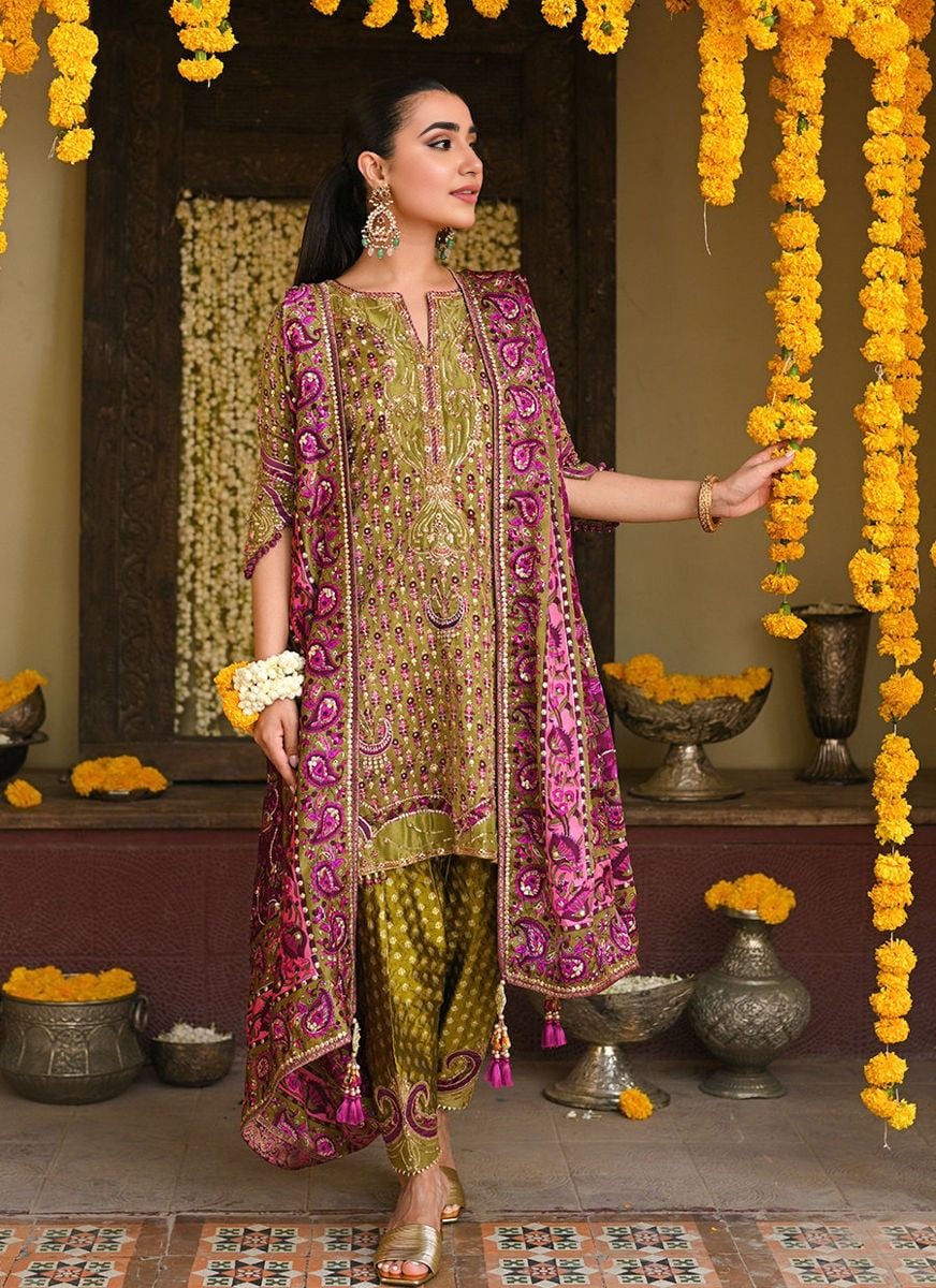 Olive Green Paisley Print & Mirror Worked Draped Suit