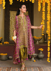 Olive Green Paisley Print & Mirror Worked Draped Suit