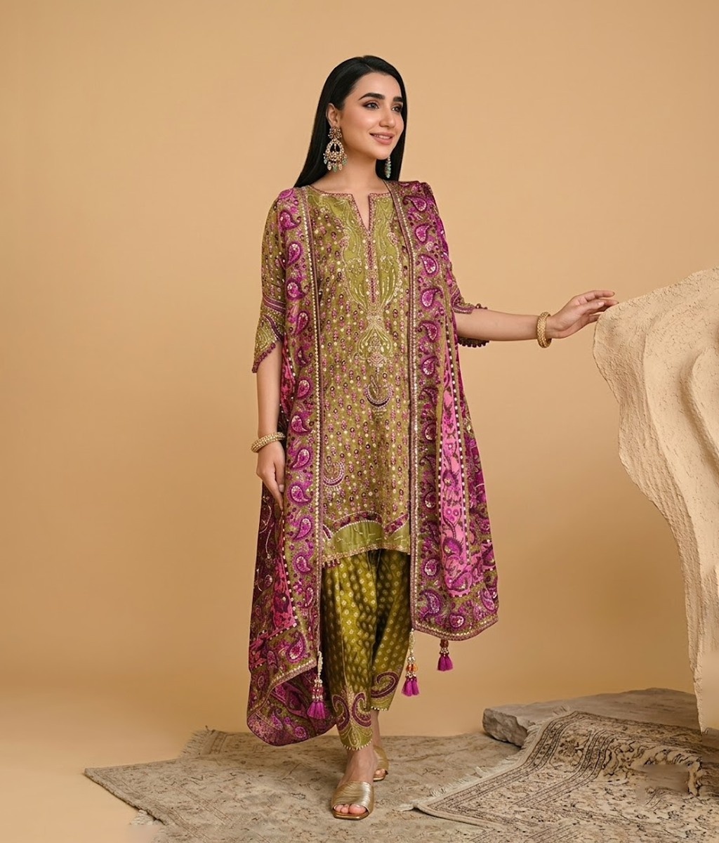 Olive Green Paisley Print & Mirror Worked Draped Suit