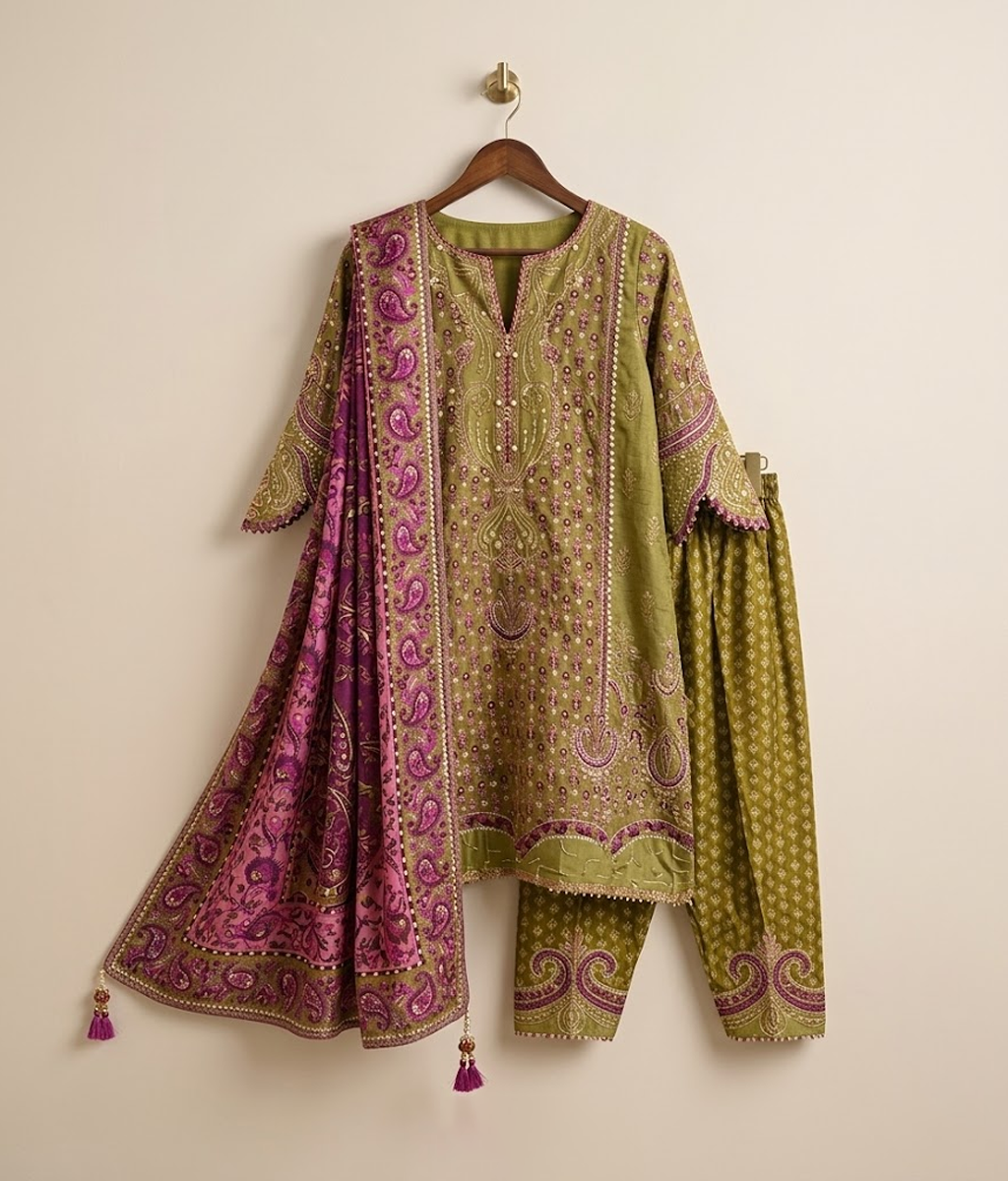 Olive Green Paisley Print & Mirror Worked Draped Suit