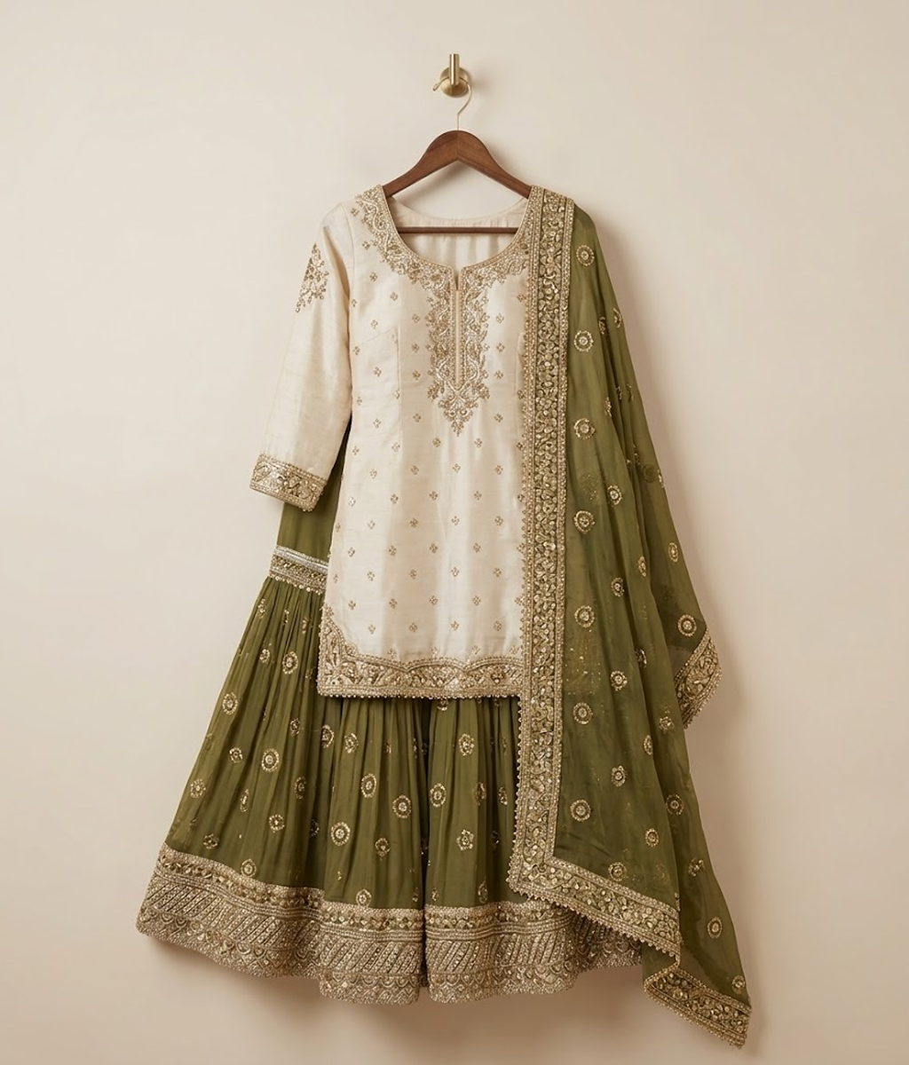 Olive Green Tilla Gharara